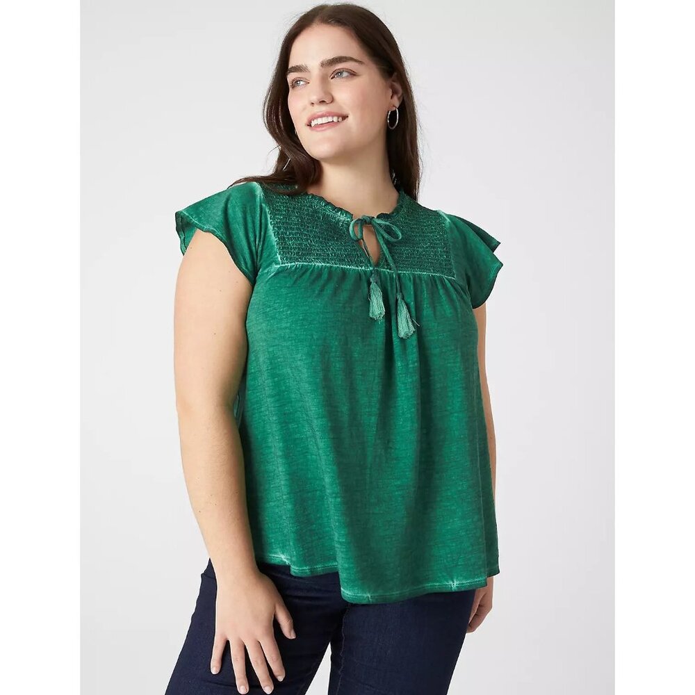 Lane Bryant Womens Plus Size 18/20 Swing Ruffle-Neck Smocked-Yoke Tee Green 1496